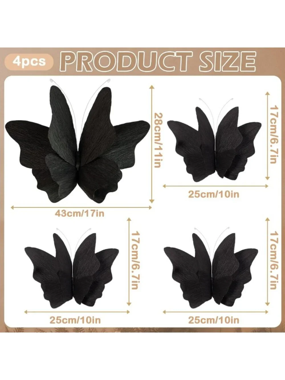 3D Black Butterfly Party Decorations - 4 Pcs Crepe Paper Hanging Decor for